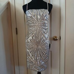 BNWT Lulus Lost In Your Eyes silver sequin bodycon mini dress M Y2K style bling